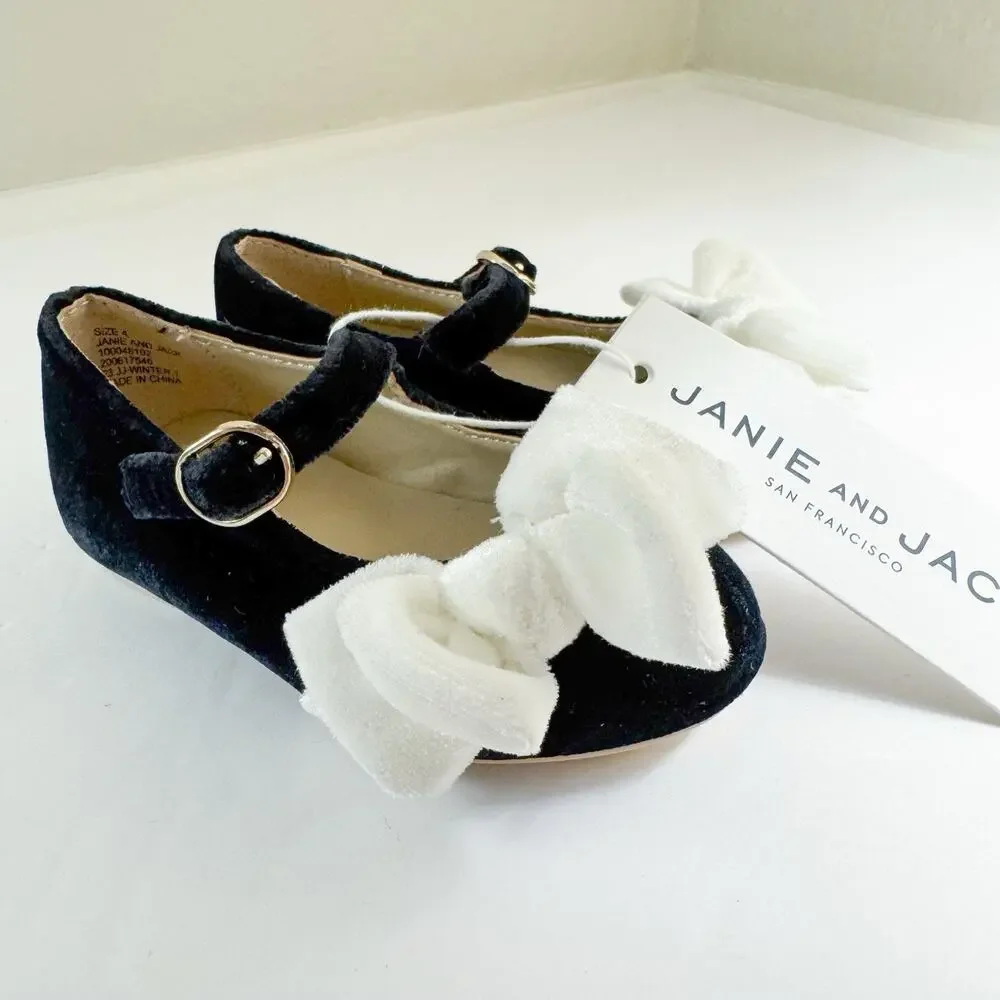 Janie and Jack Velvet Bow Ballet Flats- Size 4 Toddler Girl. Black/White Holiday